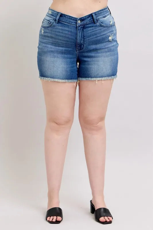 Image of Judy Blue Full Size V-Front Denim Shorts with Shield Pockets Plus Size | Queeble.shop