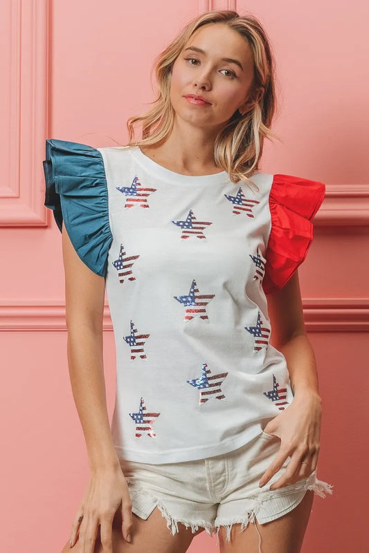 Image of BiBi American Flag Sequin Stars Top | Queeble.shop