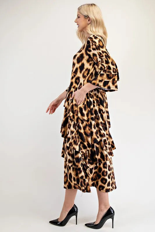 Image of Celeste Full Size Leopard Asymmetrical Ruffle Midi Dress Plus Size | Queeble.shop