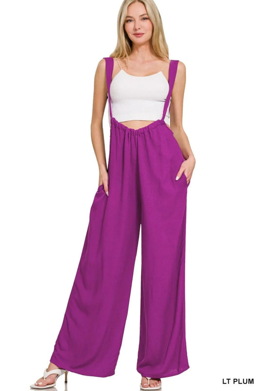 Image of Zenana Woven Tie Back Suspender Jumpsuit | Queeble.shop
