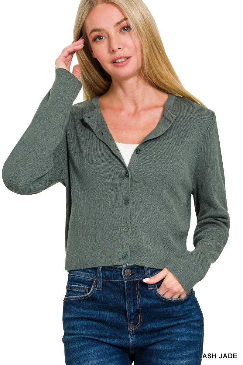 Image of Zenana Button-Front Crewneck Long Sleeve Cropped Cardigan | Queeble.shop