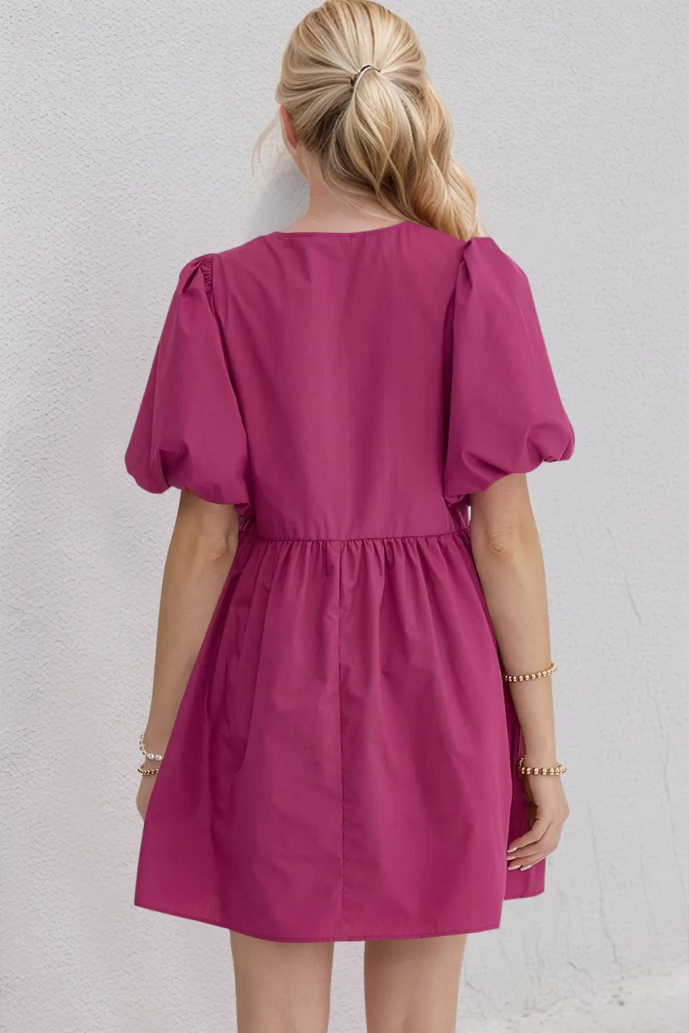Image of Oh Bow Ruched Puff Sleeve Mini Dress | Queeble.shop