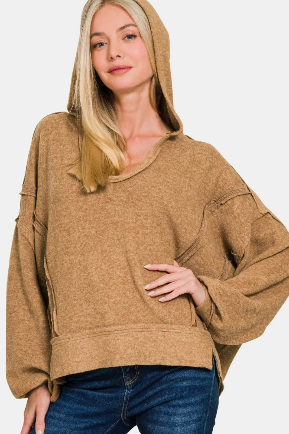 Image of Zenana Brushed Hacci Exposed Seam Hoodie | Queeble.shop