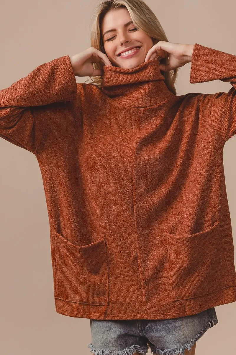 Image of BiBi Piper Rib Double Pocket Turtle Neck Sweater | Queeble.shop
