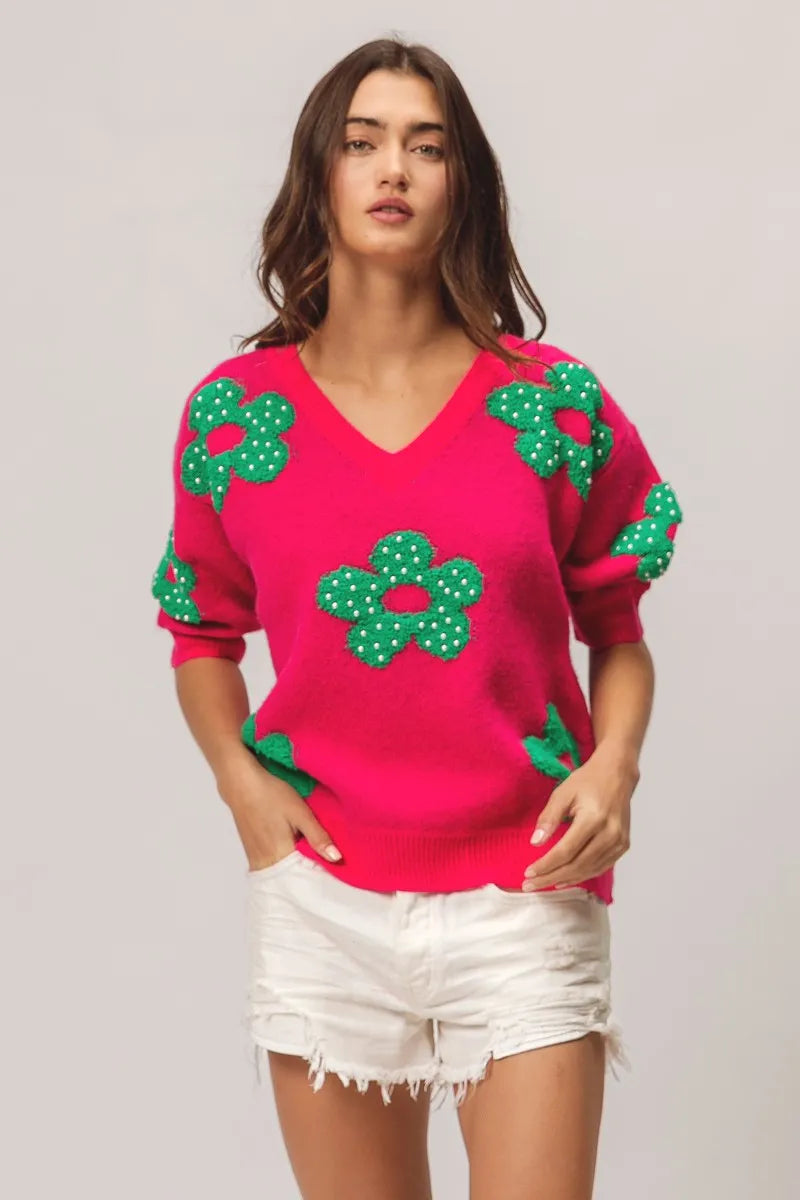 Image of BiBi Pearl Beads Flowers Sweater Top | Queeble.shop
