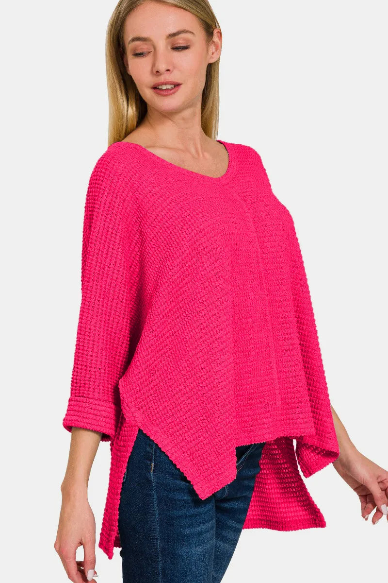 Image of Zenana V-Neck High-Low Jacquard Knit Top | Queeble.shop