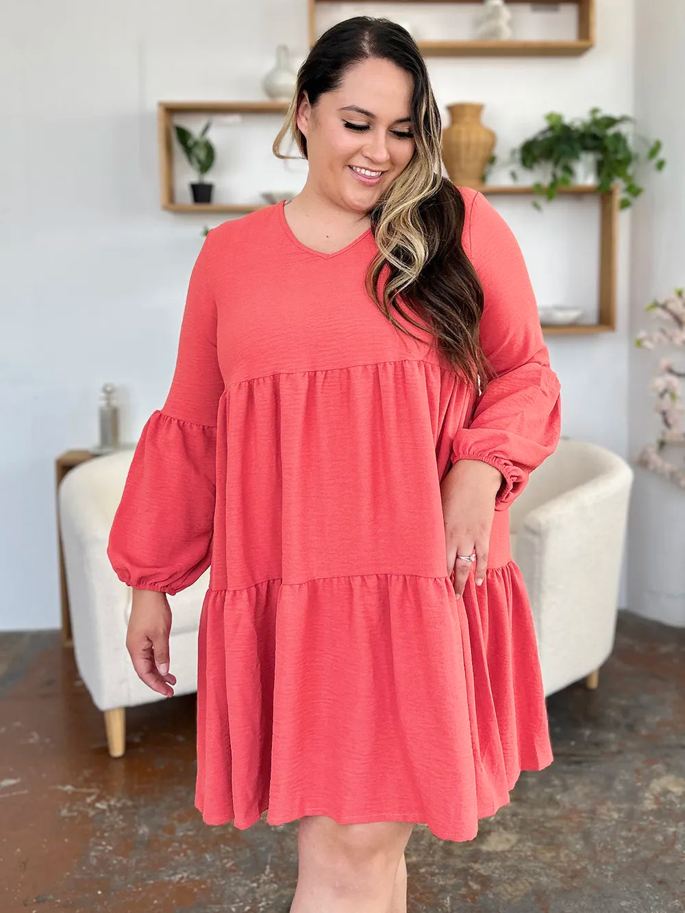 Image of Double Take Full Size V-Neck Balloon Sleeve Tiered Dress with Pockets | Queeble.shop