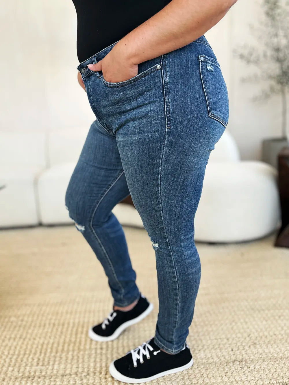 Image of Judy Blue Full Size Mid Waist Distressed Slim Jeans | Queeble.shop