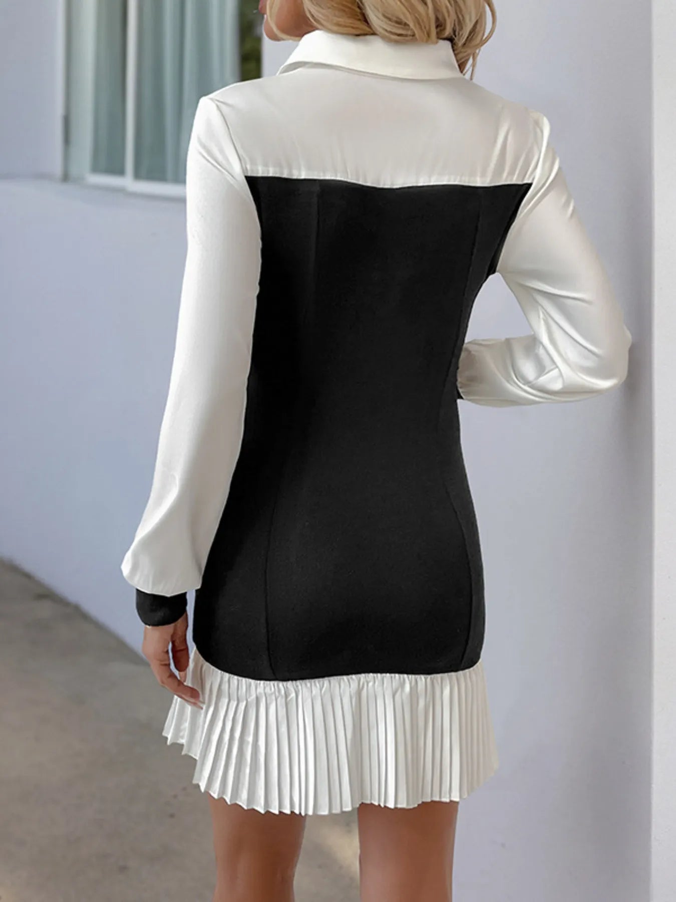 Image of Two Tone Pleated Long Sleeve Shirt Dress | Queeble.shop