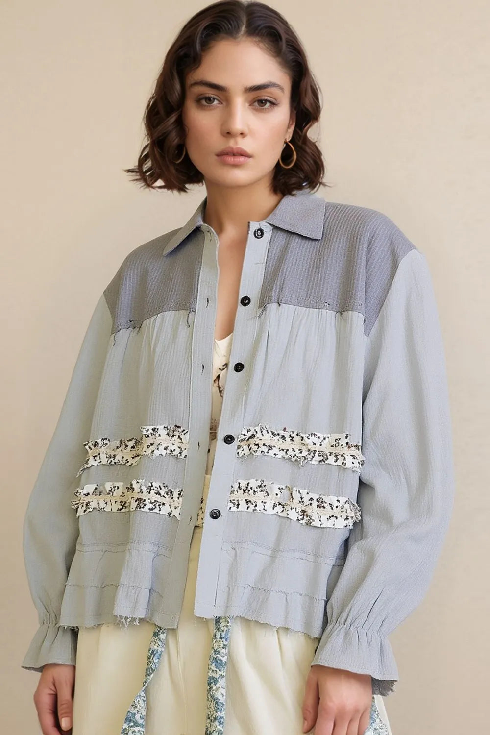 Image of POL Button Down Floral Trim Ruffle Washed Shacket | Queeble.shop