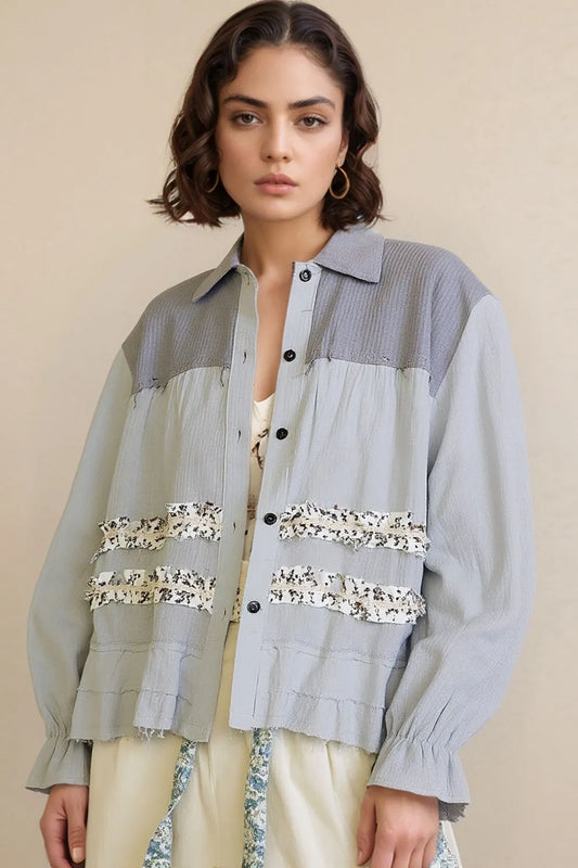 Image of POL Button Down Floral Trim Ruffle Washed Shacket | Queeble.shop