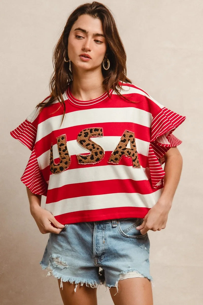 Image of BiBi Stripe Mixed Ruffle Sleeve Top With Leopard Letter | Queeble.shop