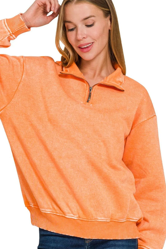 Image of Zenana Acid Wash Fleece Quarter Zip Pullover Sweatshirt | Queeble.shop