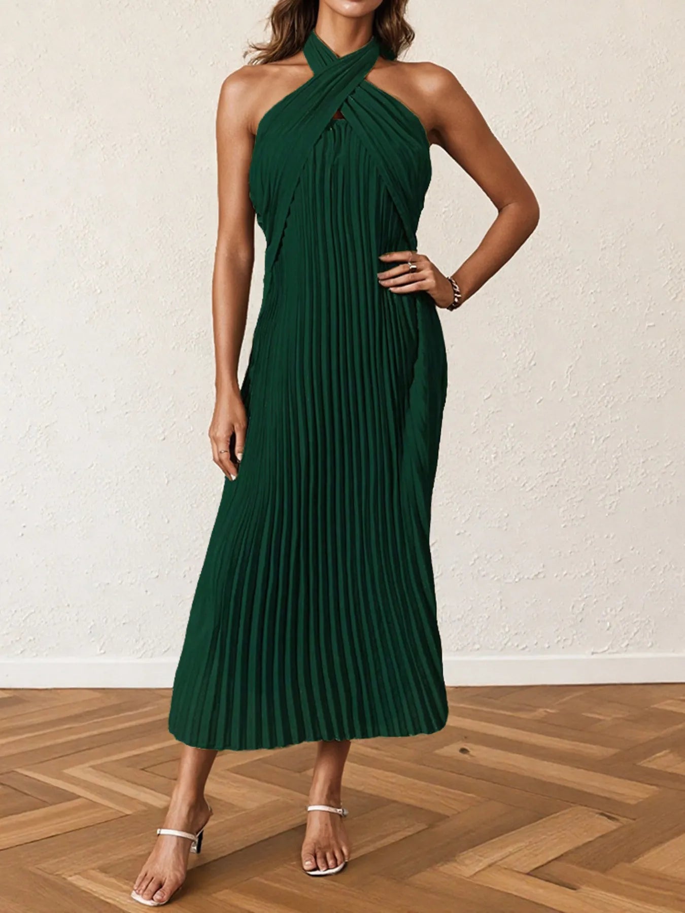 Image of Pleated Halter Neck Midi Dress | Queeble.shop