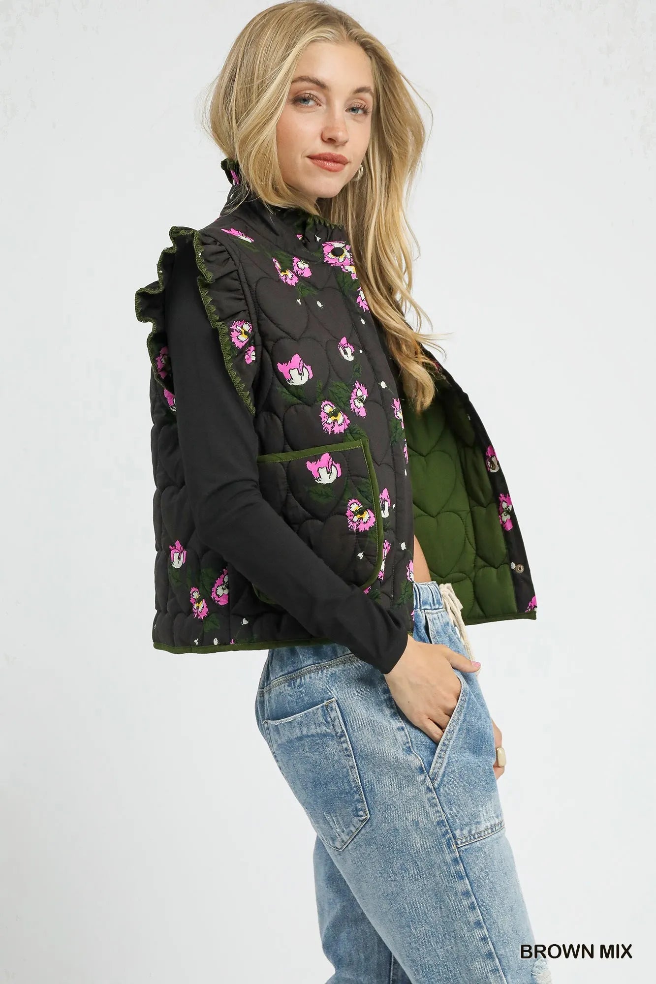 Image of Umgee Ruffled Quilted Floral Snap Down Vest | Queeble.shop