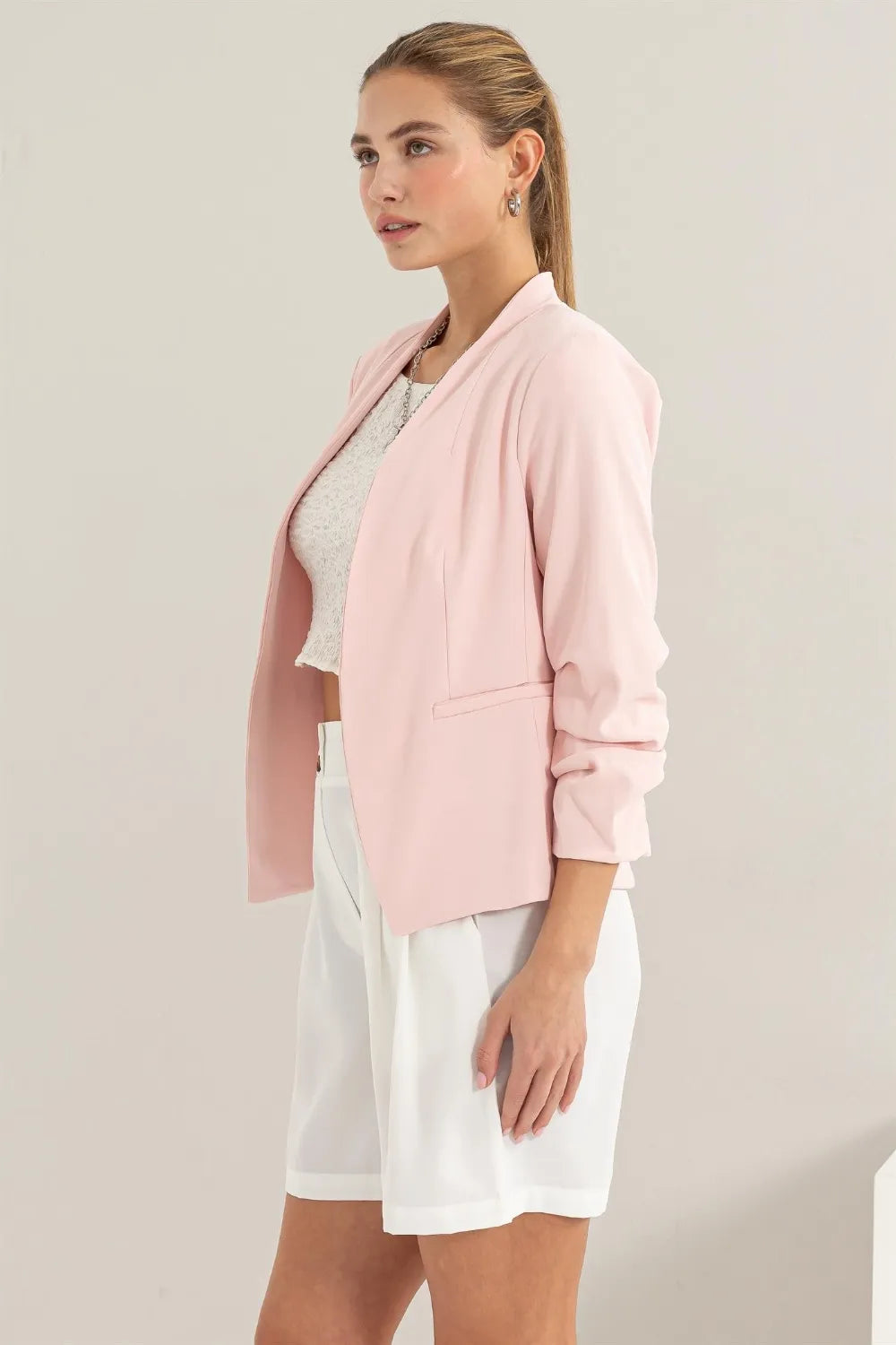 Image of HYFVE Open Front Ruched Sleeve Blazer | Queeble.shop