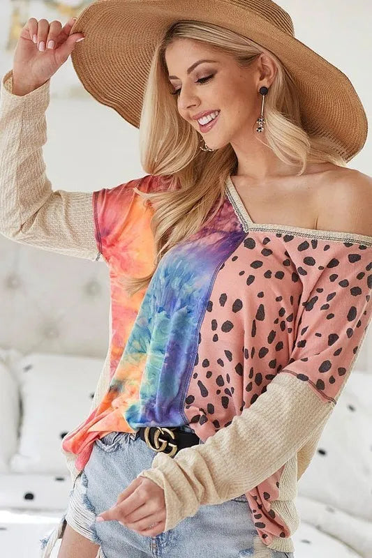 Image of BiBi Print Block V Neck Top with Contrast Stitching | Queeble.shop