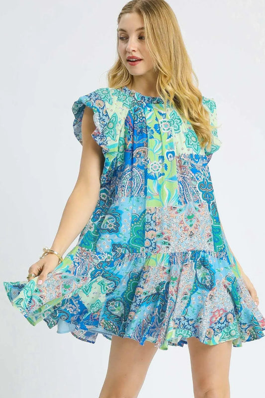 Image of Umgee Printed Ruffle Cap Sleeve Mini Dress | Queeble.shop