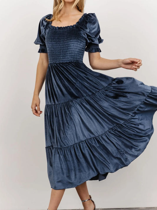 Image of Smocked Half Sleeve Tiered Midi Dress | Queeble.shop
