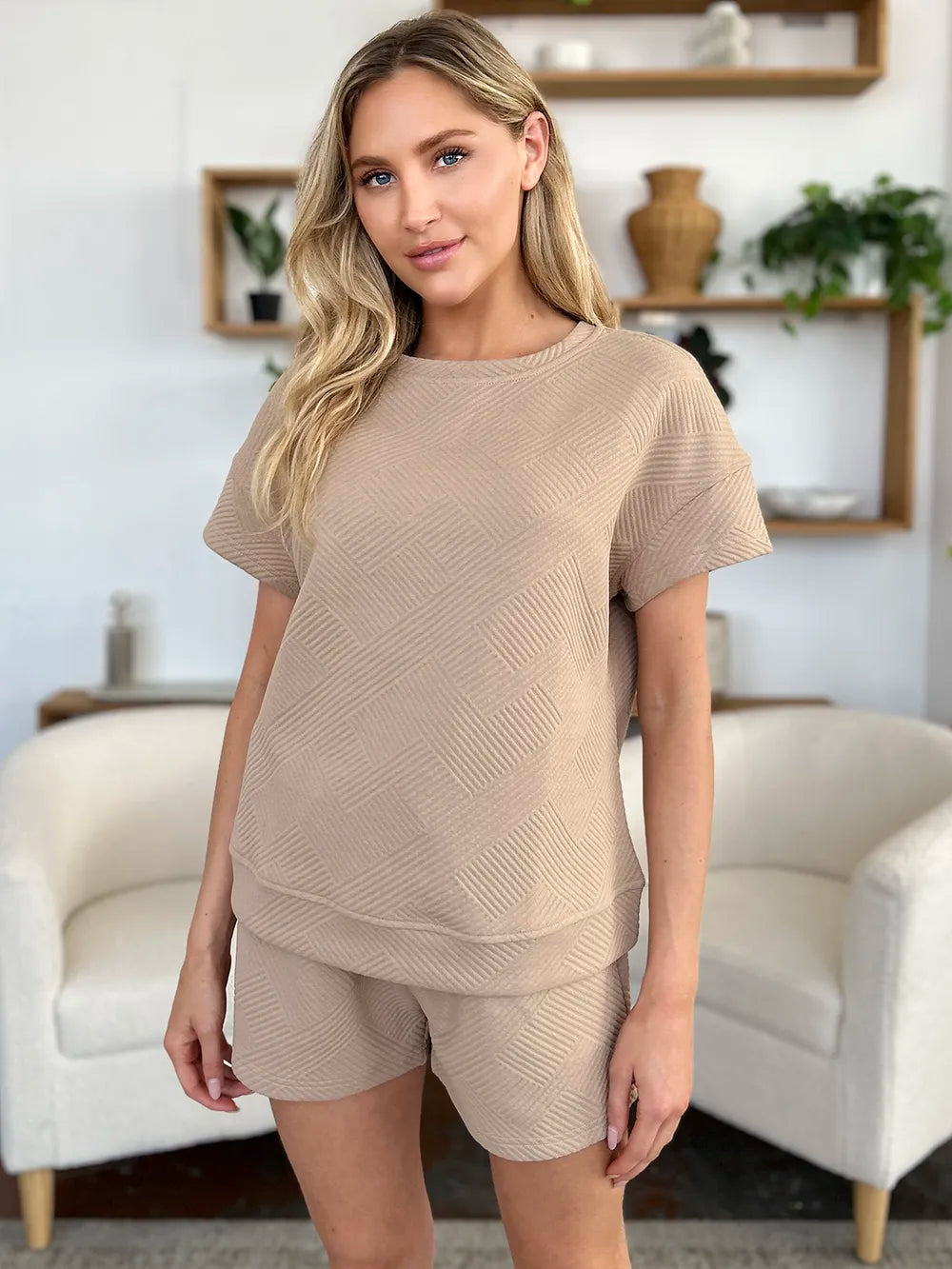 Image of Double Take Full Size Texture Short Sleeve T-Shirt and Drawstring Shorts Set | Queeble.shop