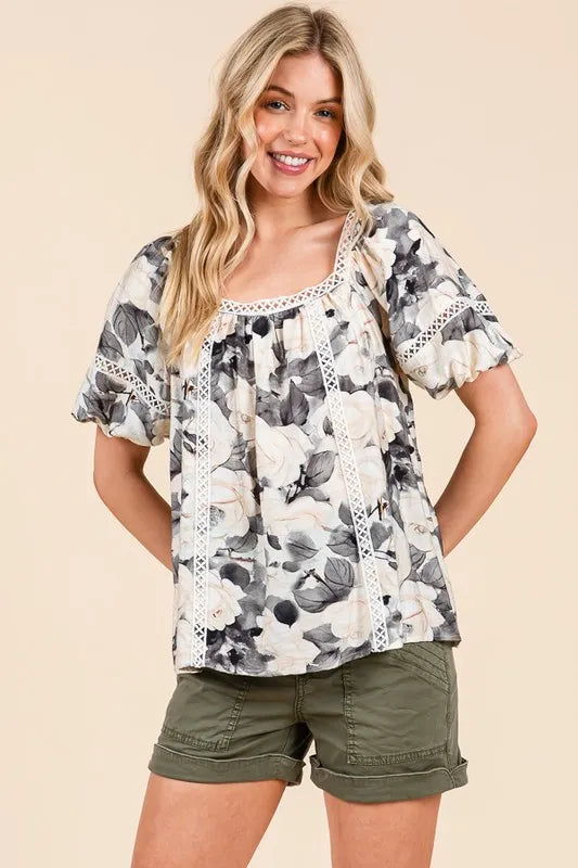 Image of Lime 'N' Chili Floral Print Lace Trim Puff Sleeve Blouse | Queeble.shop