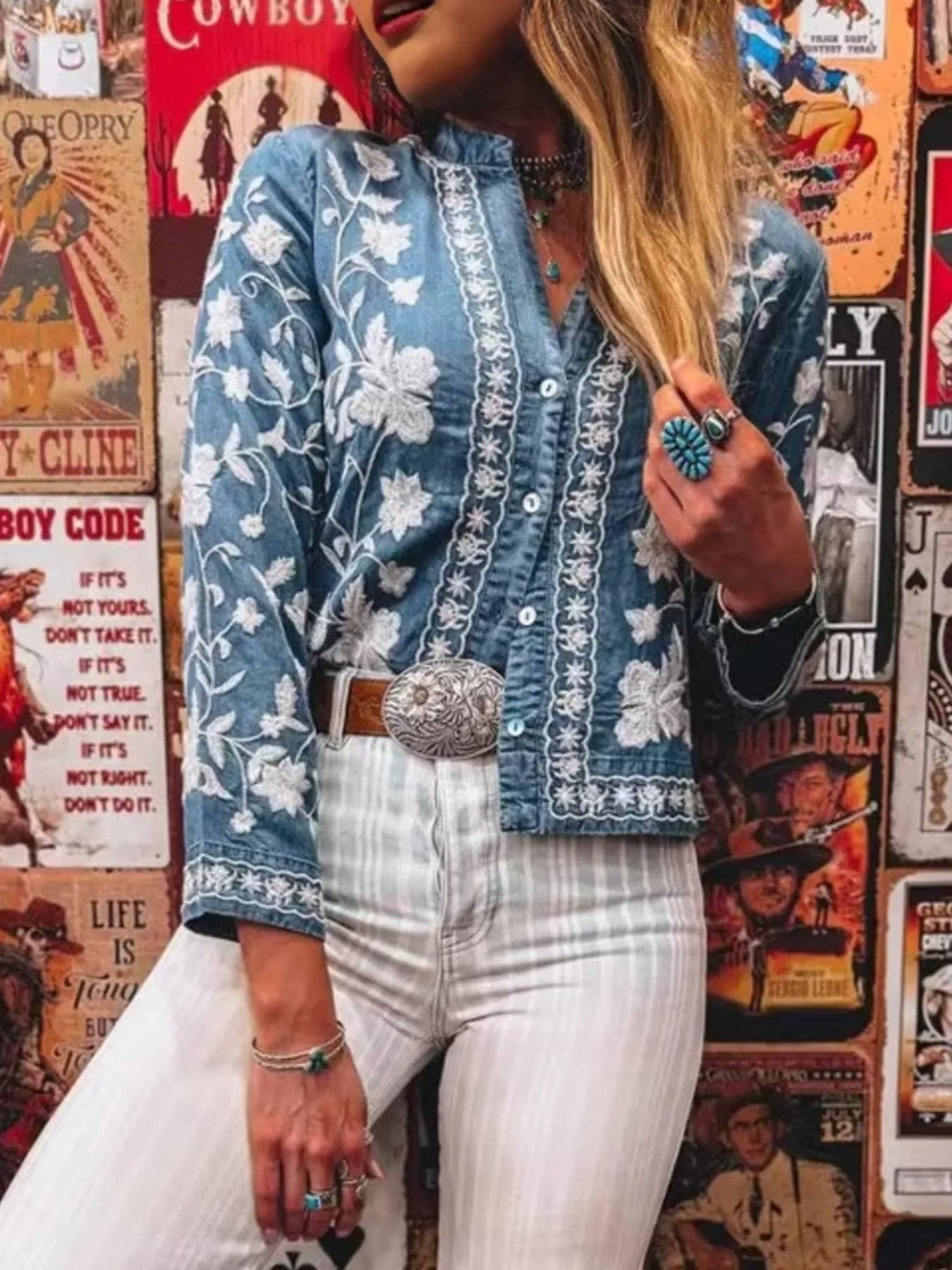 Image of Floral Embroidered Button Up Denim Shirt | Queeble.shop