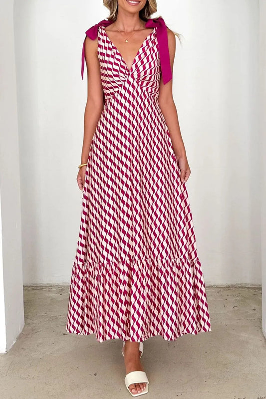 Image of Printed V-Neck Tie Shoulder Midi Cami Dress | Queeble.shop