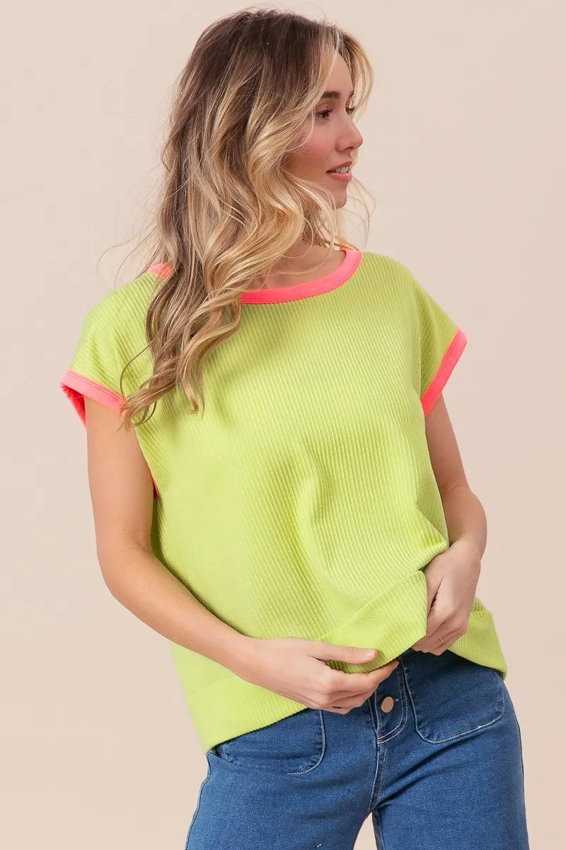 Image of BiBi Cord Rib Knit Contrast Banded Top | Queeble.shop