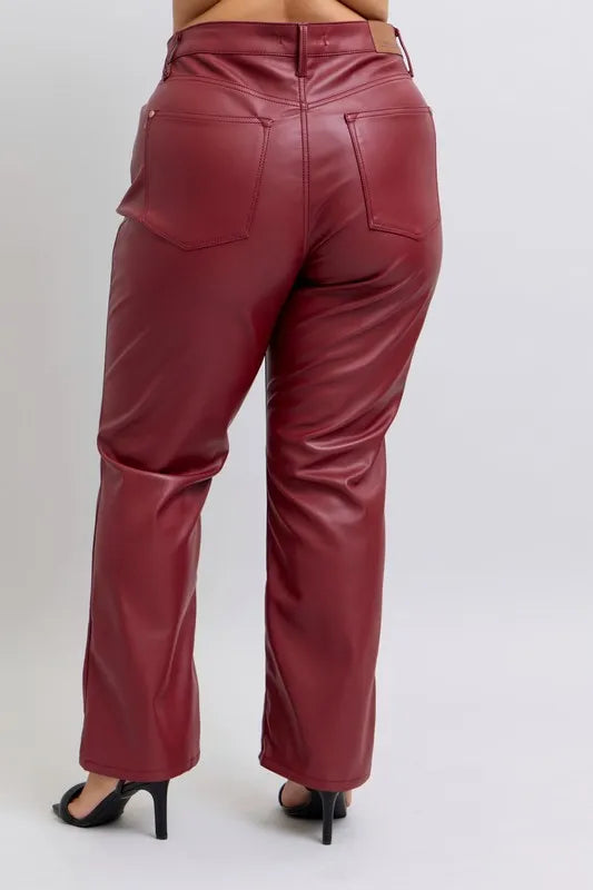 Image of Judy Blue Full Size High Waist Tummy Control Faux Leather Straight Pants Plus Size | Queeble.shop