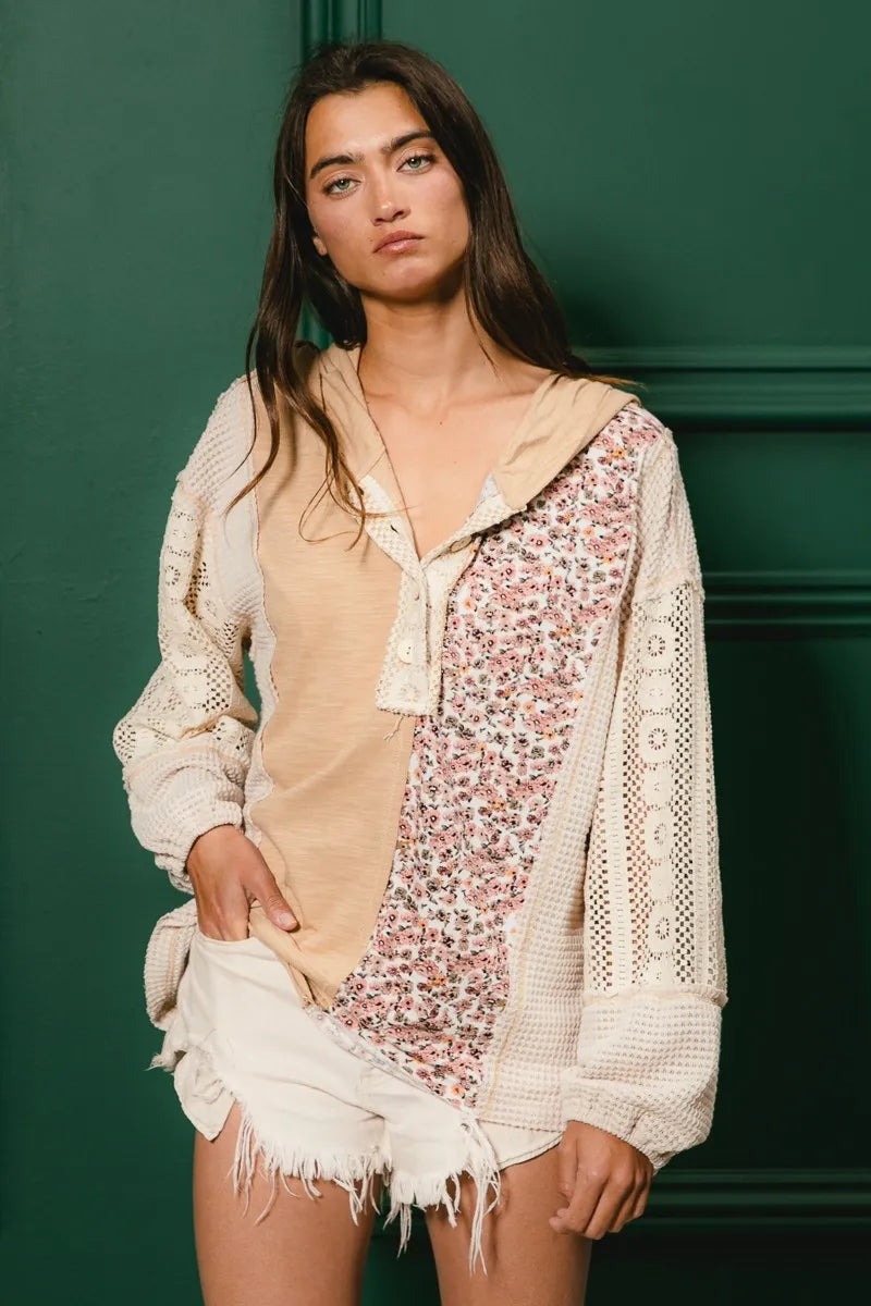 Image of BiBi Slub Jersey with Lace Combo Buttoned Hoodie Top | Queeble.shop