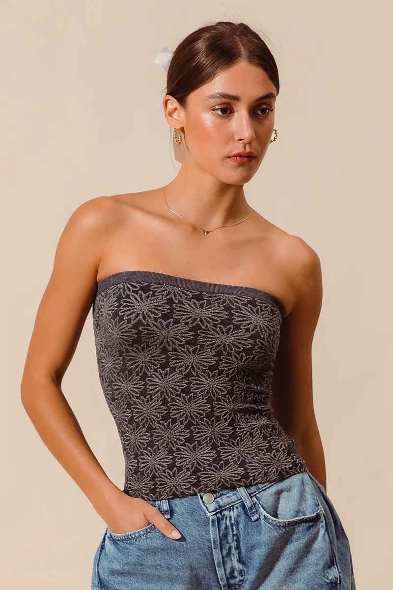 Image of SO ME Jacquard Floral Two Tone Seamless Tube Top | Queeble.shop