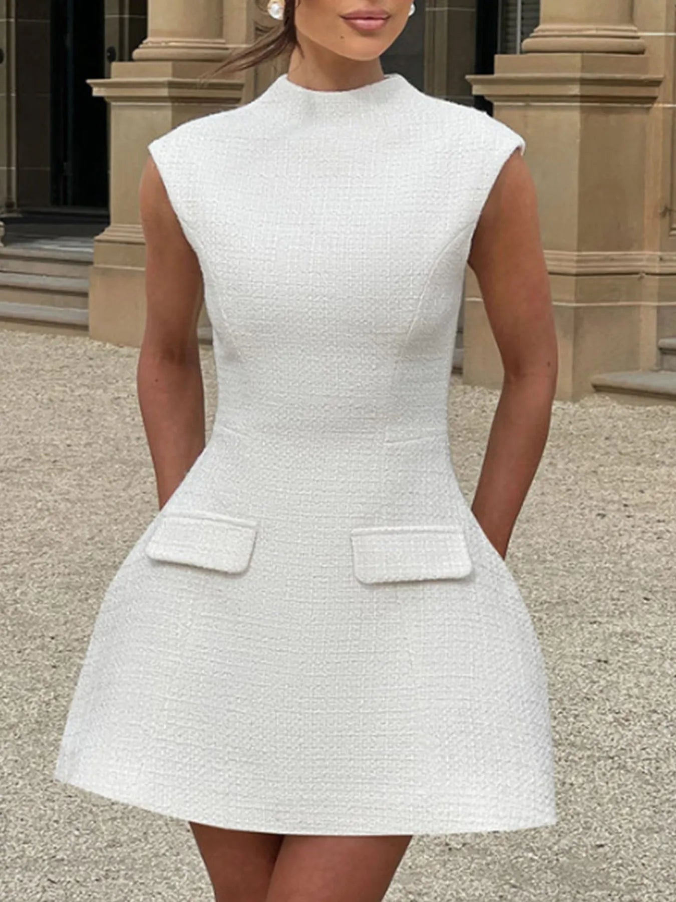Image of Cutout Back Round Neck Cap Sleeve Mini Dress | Queeble.shop