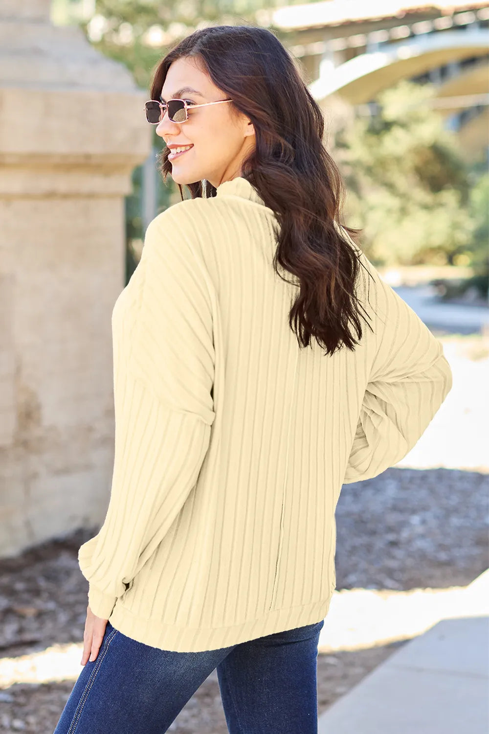 Image of Basic Bae Full Size Ribbed Exposed Seam Mock Neck Knit Top | Queeble.shop