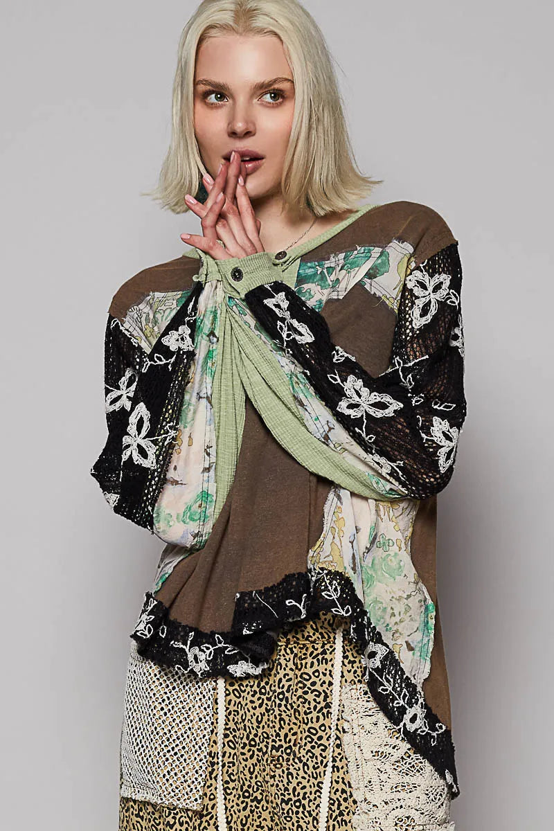 Image of POL Button Detail Floral Patchwork Crochet Sleeve Blouse | Queeble.shop