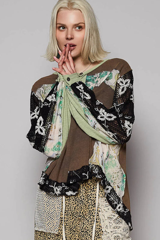 Image of POL Button Detail Floral Patchwork Crochet Sleeve Blouse | Queeble.shop