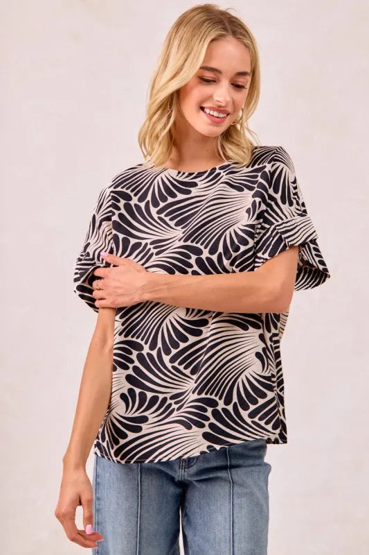 Image of BiBi Print Woven Ruffled Sleeves Top | Queeble.shop