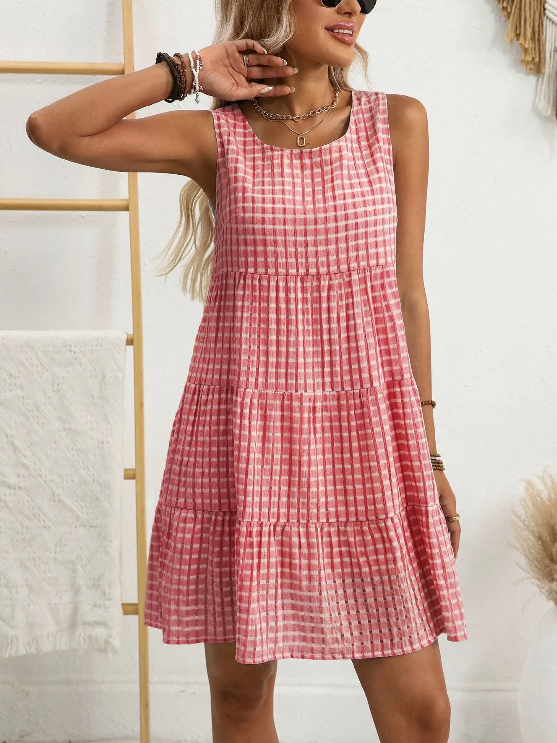 Image of Plaid Round Neck Sleeveless Mini Dress | Queeble.shop