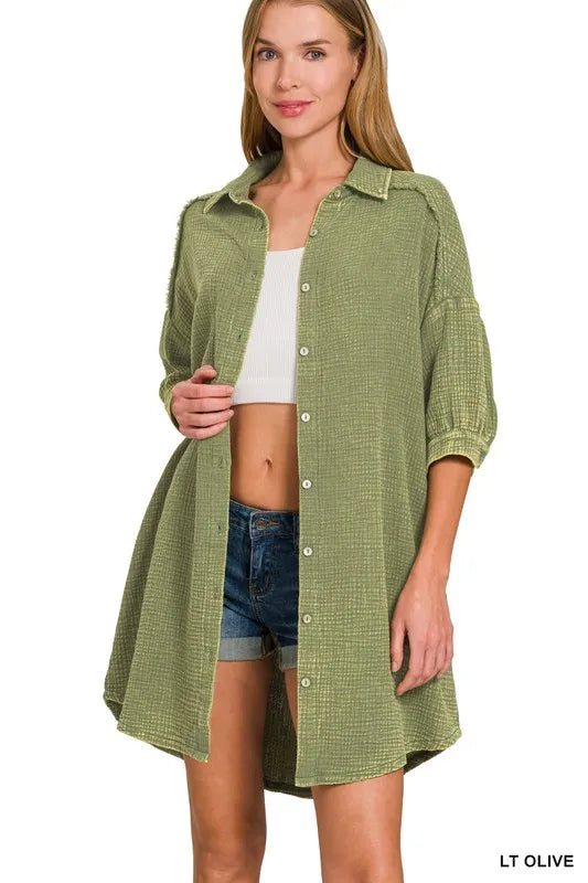 Image of Zenana Washed Double Gauze Button Down Shirt Dress | Queeble.shop