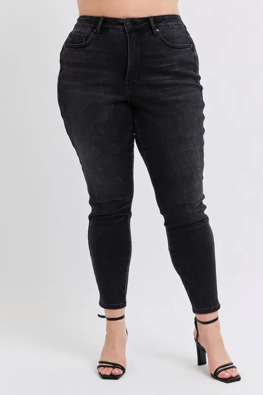 Image of Judy Blue Full Size Mid Rise Tummy Control Skinny Jeans Plus Size | Queeble.shop