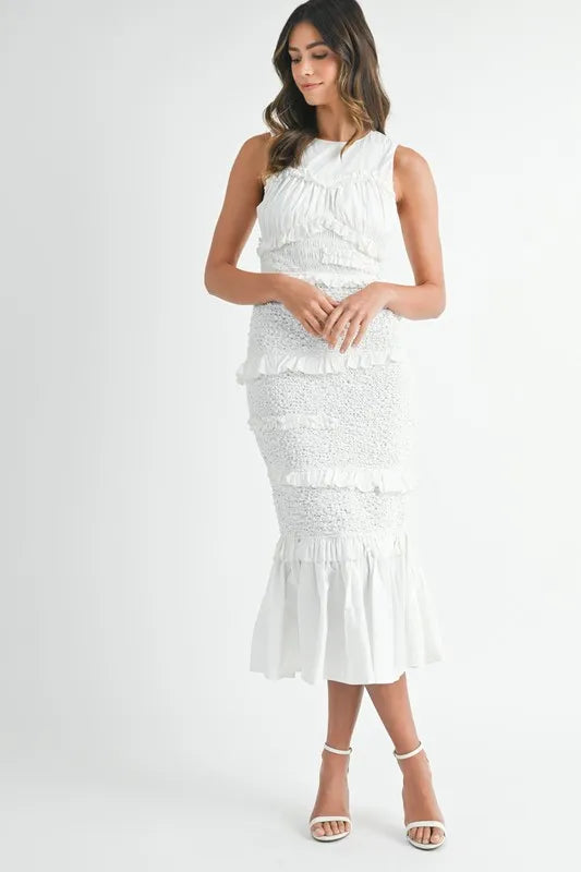 Image of MABLE Ruffled Popcorn Smocked Mermaid Midi Dress | Queeble.shop