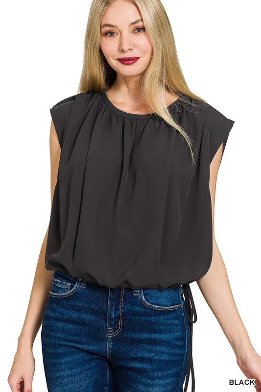 Image of Zenana Woven Drawstring Tie Side Sleeveless Top | Queeble.shop