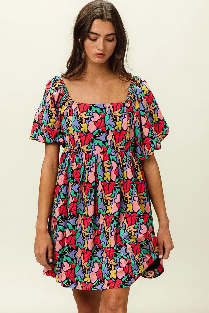Image of BiBi Floral Print Puff Square Neck Dress | Queeble.shop