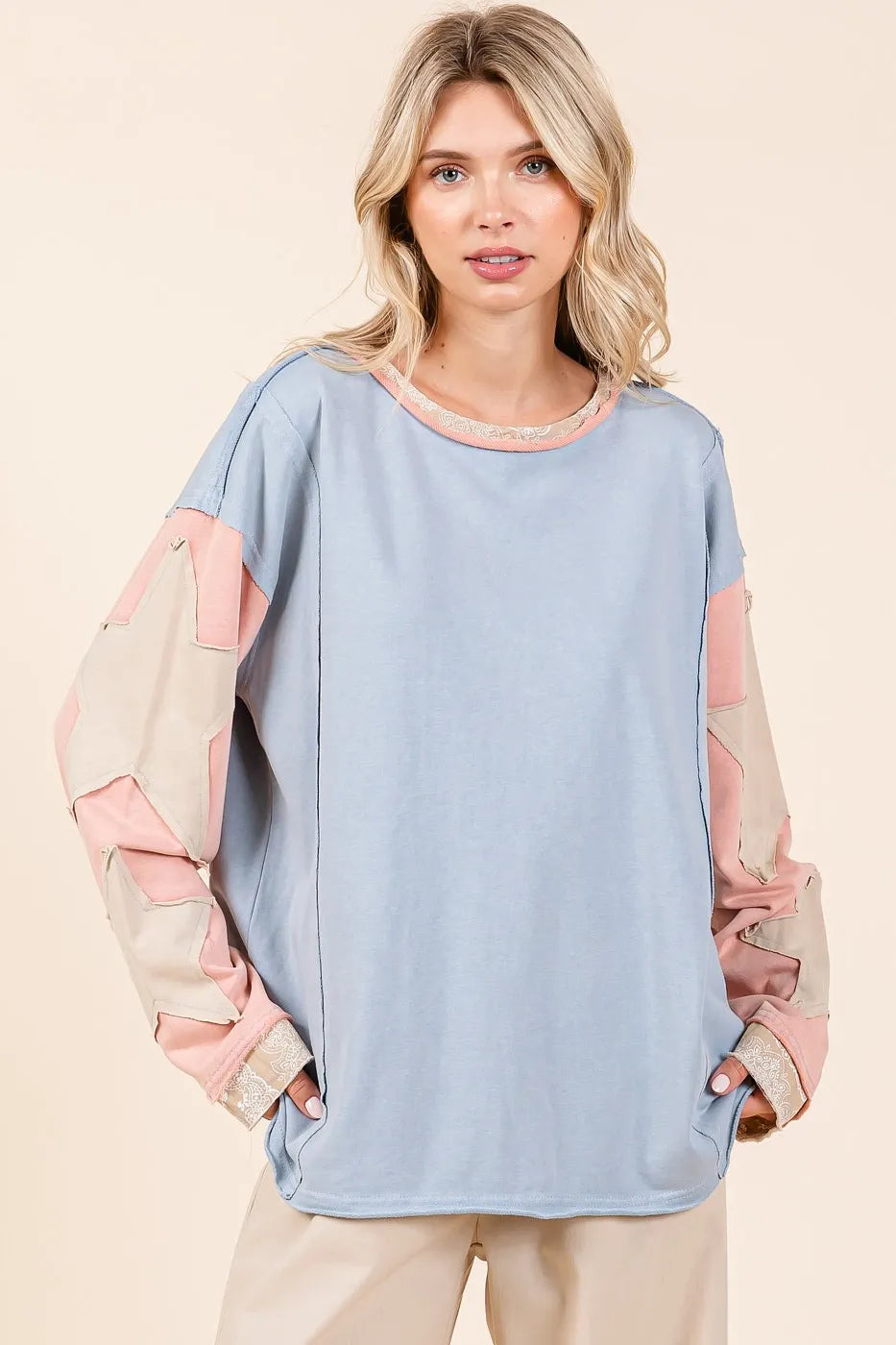 Image of Mittoshop Star Patch Long Sleeve Colorblock Mineral Wash Top | Queeble.shop
