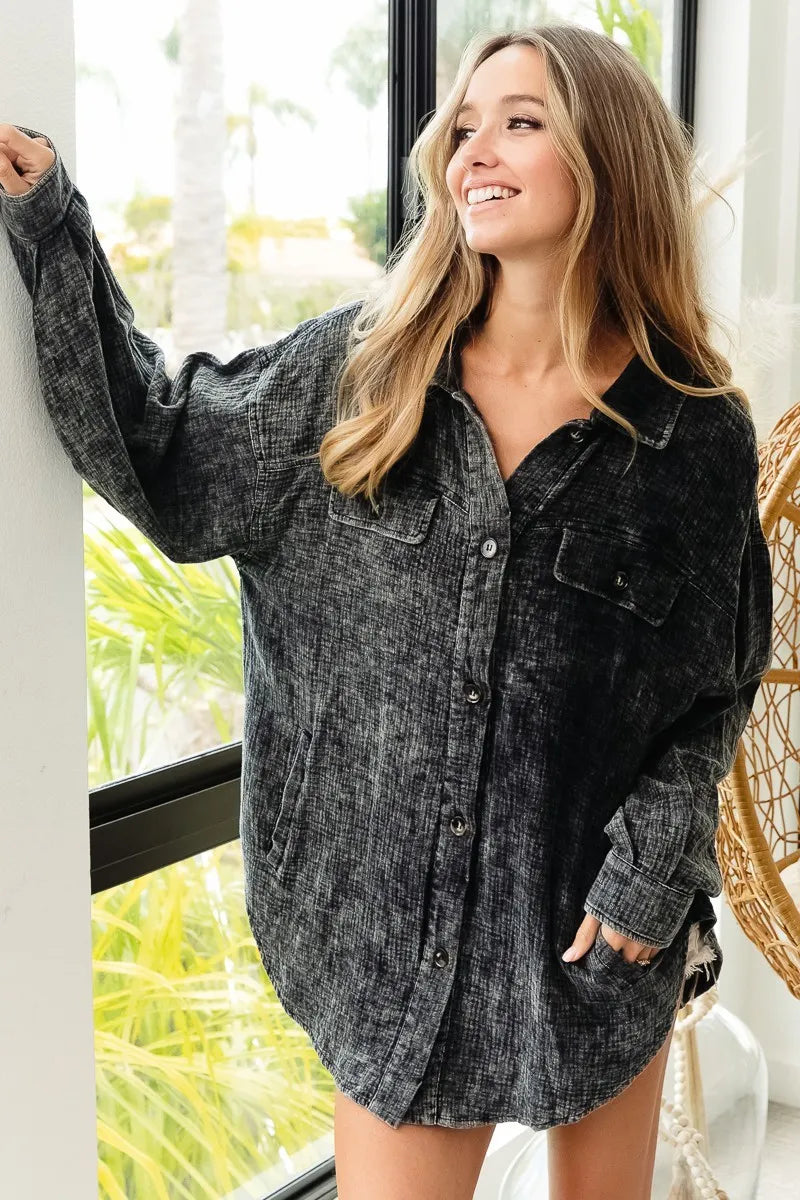 Image of BiBi Vintage Washed Wrinkle Gauze Shacket | Queeble.shop