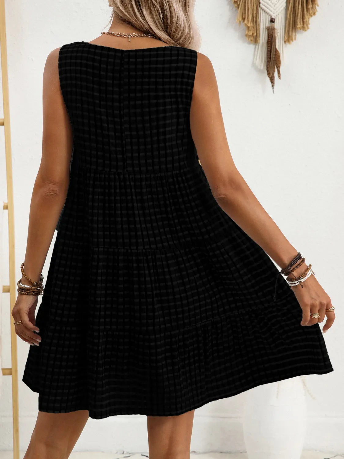 Image of Plaid Round Neck Sleeveless Mini Dress | Queeble.shop