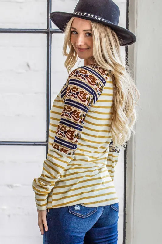 Image of And The Why Stripe Ethnic Print Raglan Top | Queeble.shop