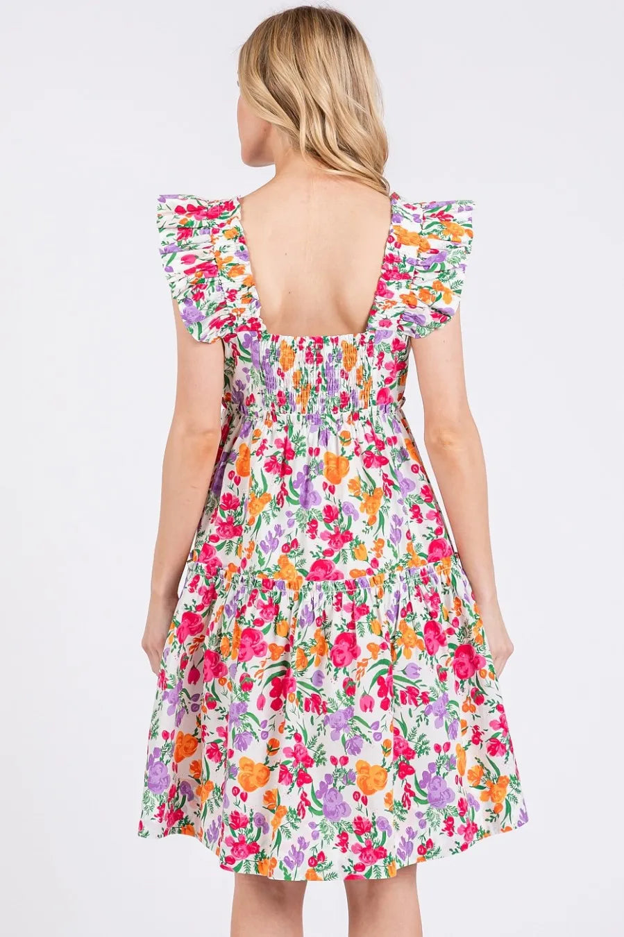 Image of Mittoshop Flower Print Ruffle Shoulder A-line Mini Dress | Queeble.shop