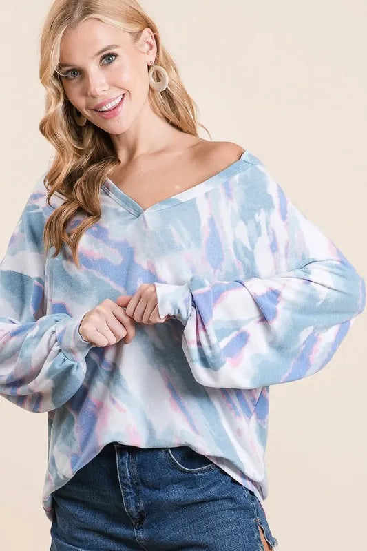 Image of BiBi Tie Dye French Terry Top with Balloon Sleeves | Queeble.shop