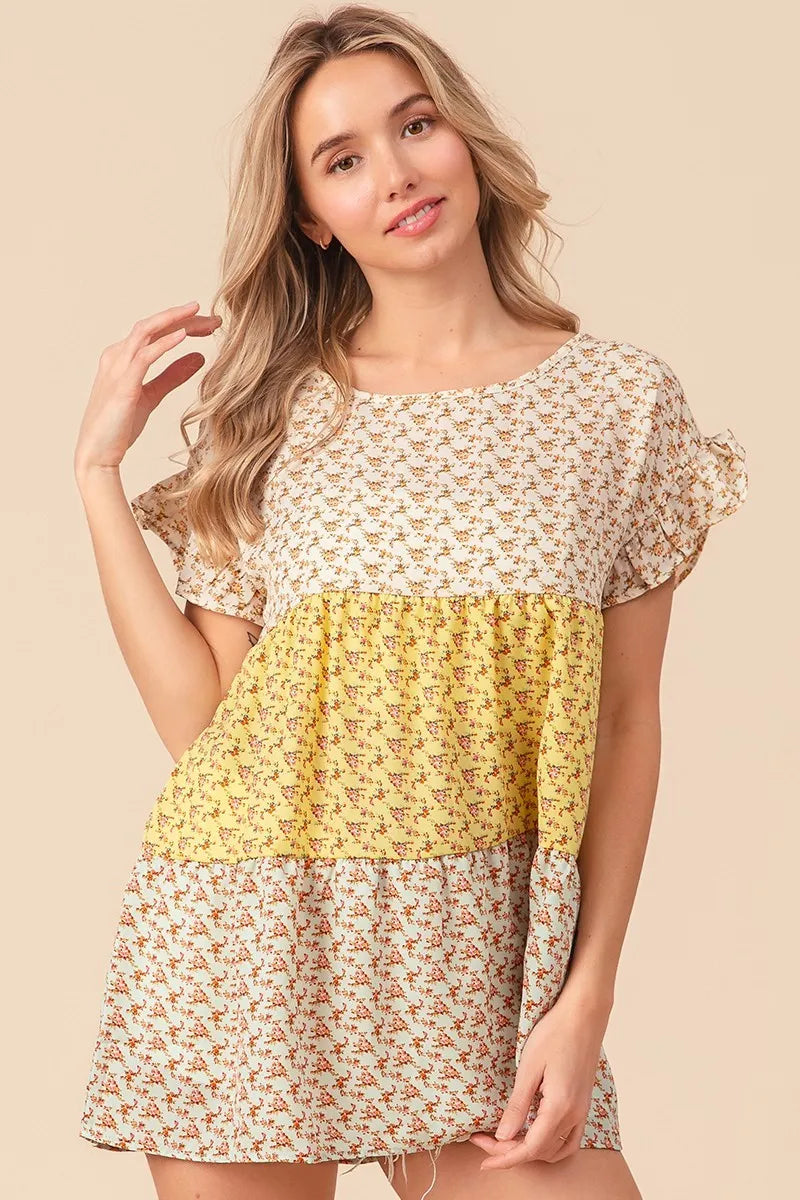Image of BiBi Flroal Printed Woven Color Block and Tiered Top | Queeble.shop