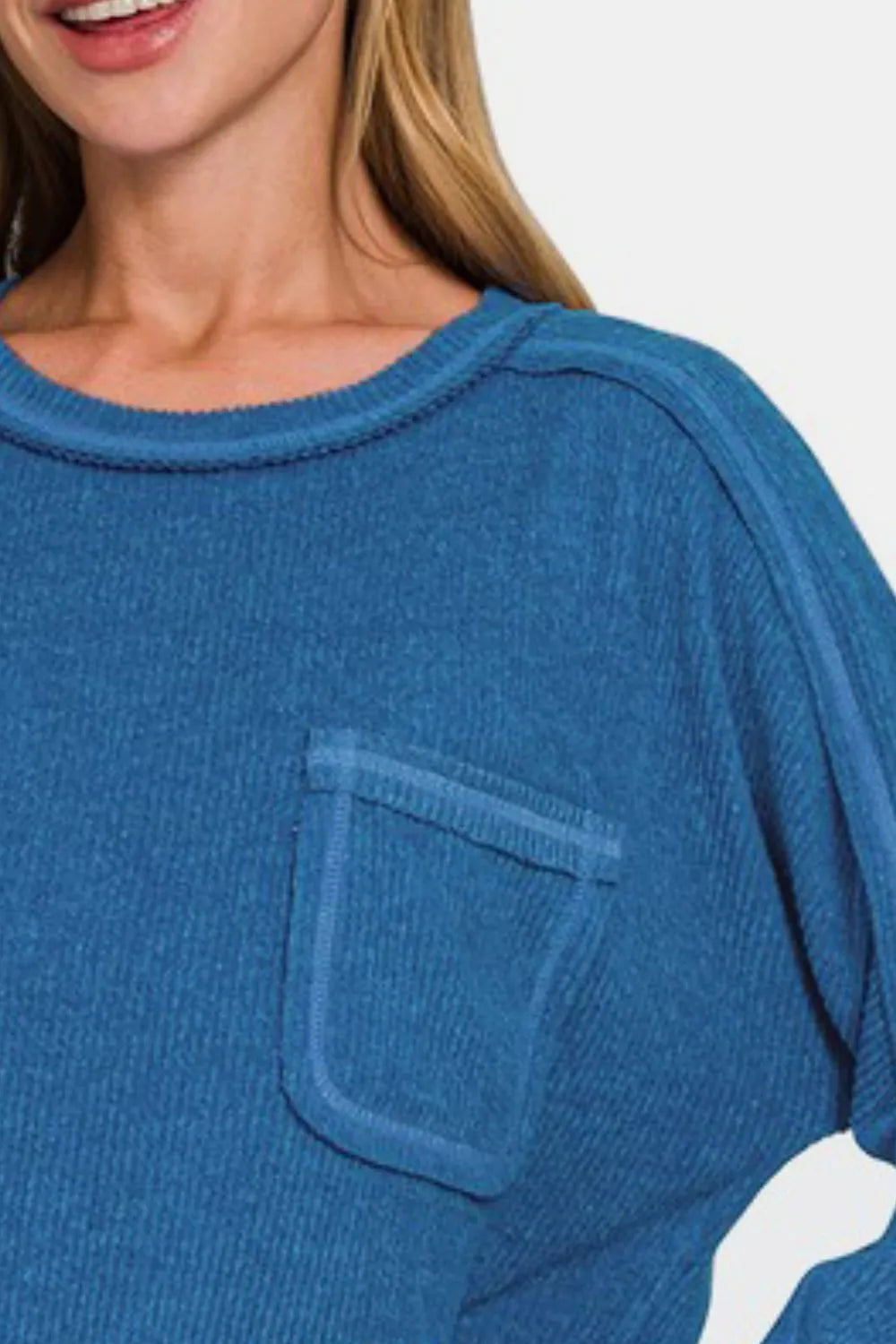 Image of Zenana Full Size Contrast Stitching Brushed Ribbed Hacci Knit Top Plus Size | Queeble.shop